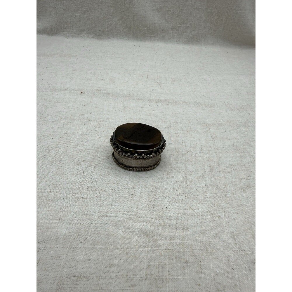 Vintage Tiger Eye Stone Trinket Box Made In India Oval Jewelry Pill Box